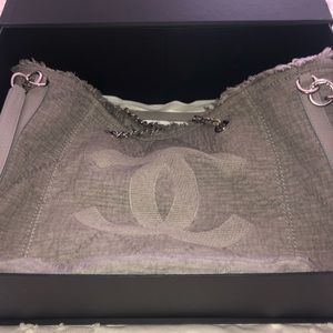 CHANEL Canvas Deauville Tote Grey Authentic